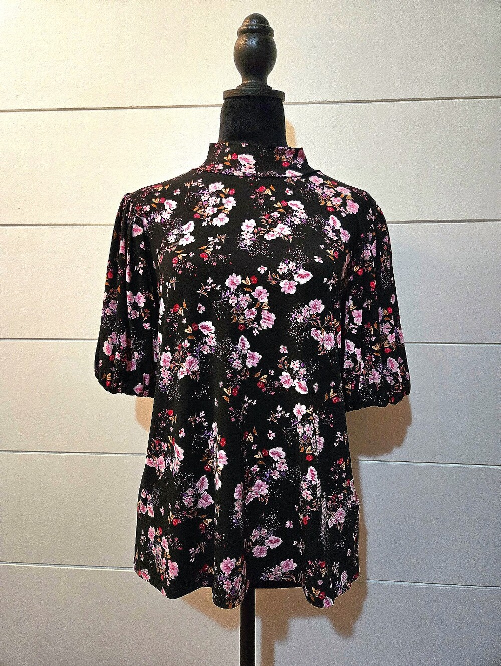 CeCe Black Mock Neck Tunic with Pink Floral Print